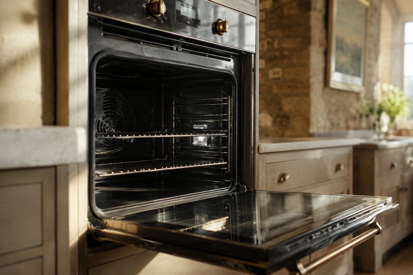 An open oven, spotlessly clean inside, in a high-end kitchen