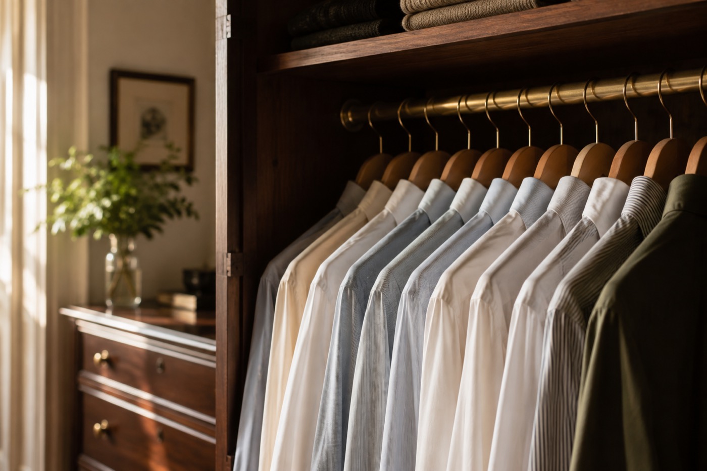 Pressed shirts hanging in a wardrobe